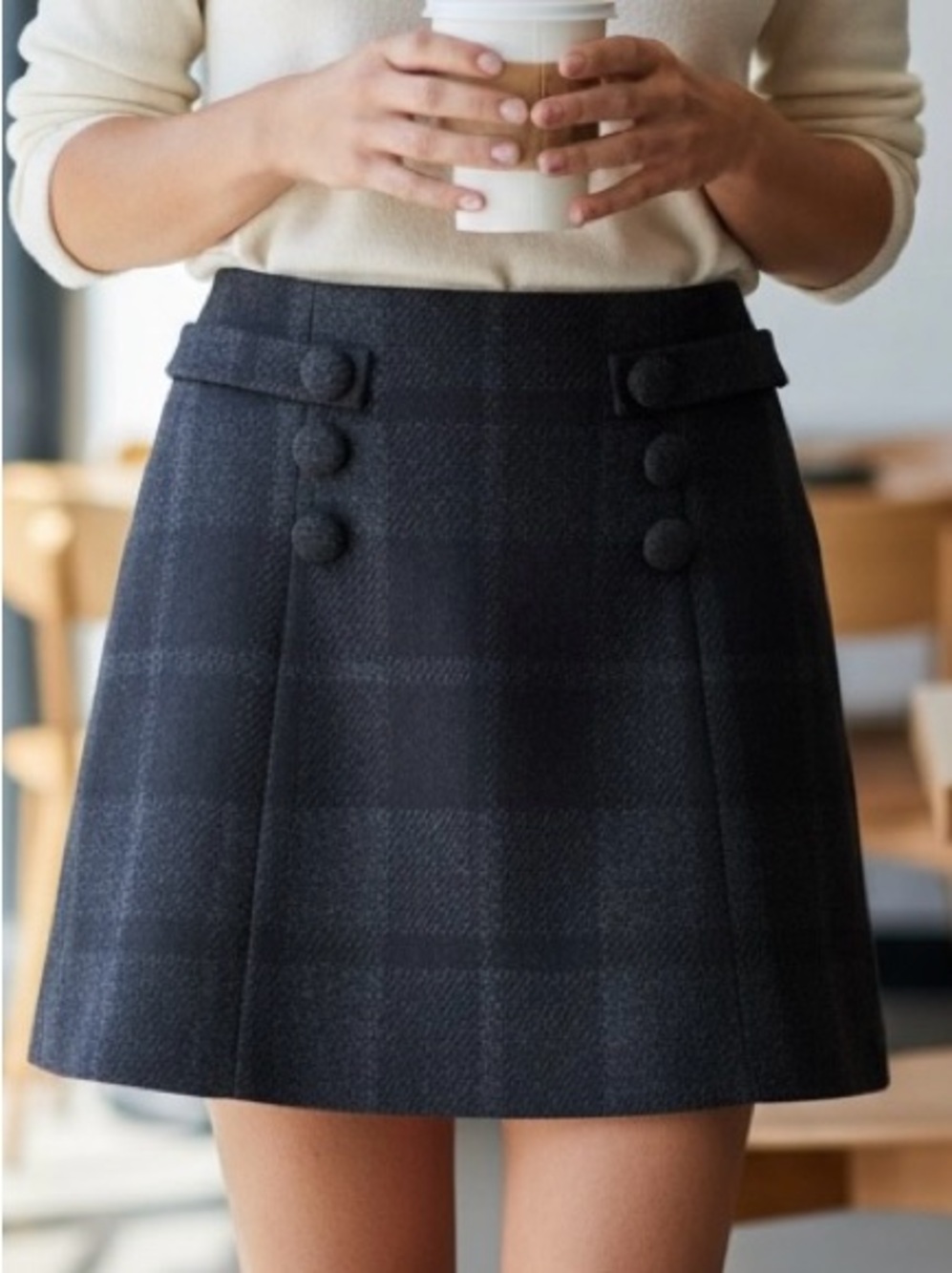J. Crew Black Plaid Mini Skirt with Button Detail